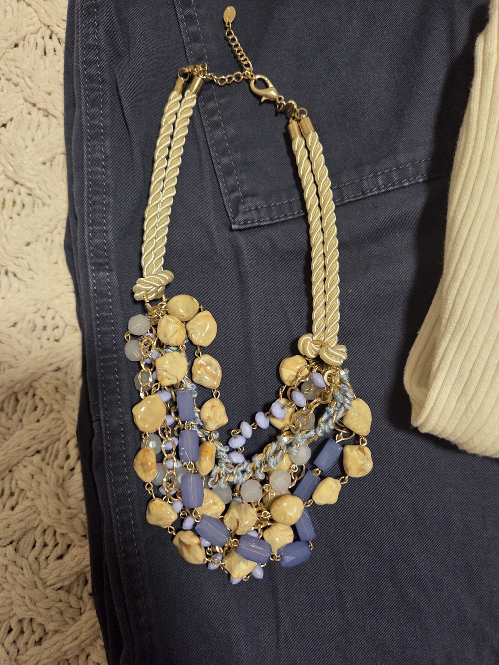Chicos- Statement Beaded Bib Necklace in Cream and Periwinkle